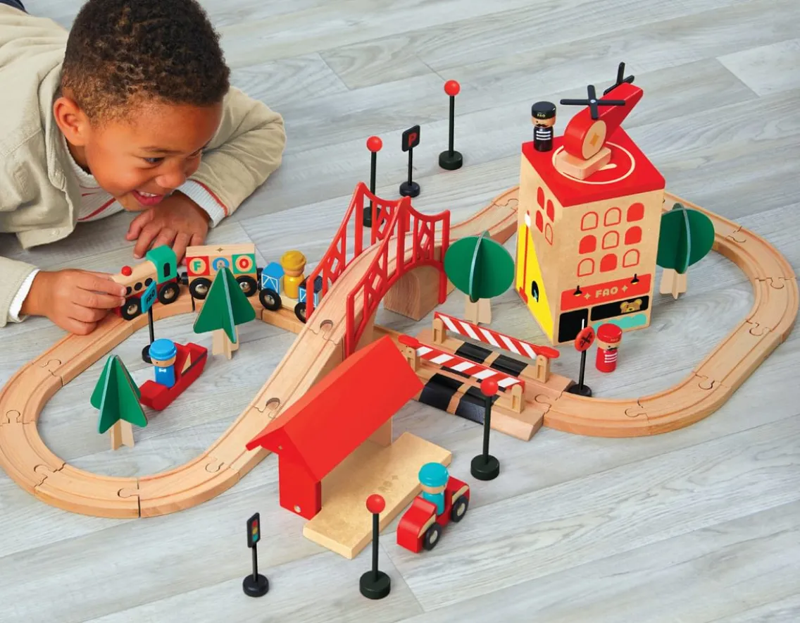 Adventurer|Wooden Toys-FAO Schwarz Train Town - 51 Piece Wooden Building Set